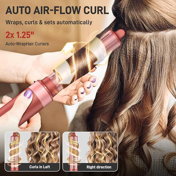 5 in 1 Rose Red High-Speed Hot Air Styler - Frizz-Free Hair Dryer Brush & Air Wrap, Fast Drying with No Heat Damage - Curl, Volumize, Straighten Travel Bag