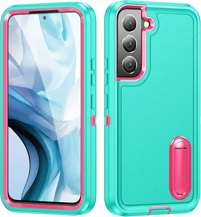 for Samsung Galaxy S22 Plus Case Galaxy S22+ Case with Kickstand Case 3-Layer Military Grade Protective Case Cover Silicone Rugged Shockproof for Galaxy S22 Plus S22+ Phone Case Cyan+Rose Red