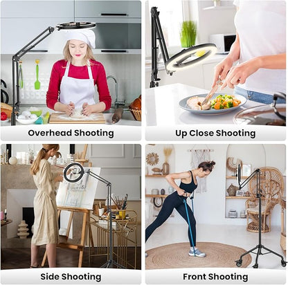 LUXSURE Ring Light Tripod for iPhone, Overhead Phone/Camera Mount with Casters,LED Ring Light with Stand and Phone Holder,Phone Tripod with Light for Video Recording/Live Streaming/Cooking