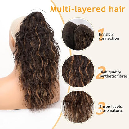 ORSUNCER Ponytail Extension Claw 18" Curly Pony Tail Clip in Hair Extensions Fluffy Natural Looking Synthetic Hairpiece for Women Brown with Blonde Highlights