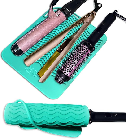 11" X 7.5" Large Size Heat Resistant Silicone Travel Mat, Anti-Heat Pad for Hair Straighteners, Hair Rollers, Curling Irons, Flat Irons and Other Hair Styling Tools - Mint Green (Turquoise)