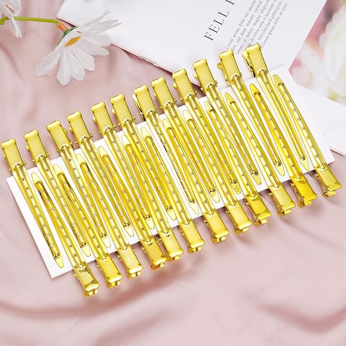 24 Packs Duck Bill Clips, Bantoye 3.35 Inches Rustproof Metal Alligator Curl Clips with Holes for Hair Styling, Hair Coloring, Bright Yellow
