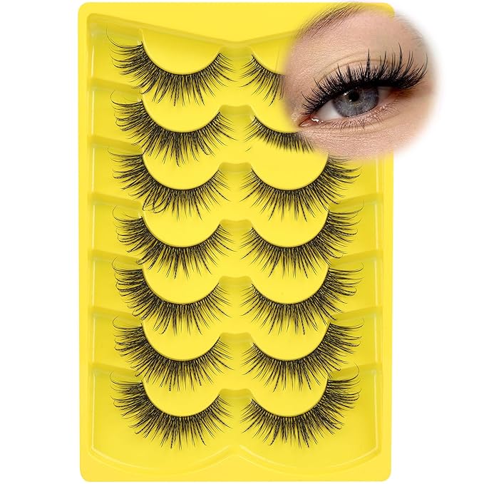 Natural Lashes Manga Eyelashes Cat Eye False Eyelashes Natural Look 18mm Anime Lashes Wispy Strip Lashes D-Curly Thin Band Unique Spikes 7 Pairs Fairy Mink Lashes Cosplay Fake Lashes