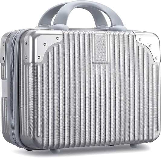 Noverlife 14 Inch Hard Shell Cosmetic Case, Small Hard Case Makeup Travel Case with Elastic Band ABS Carrying Suitcase, Mini Carrying Makeup Suitcase Small Travel Hand Luggage Organizer - Silver