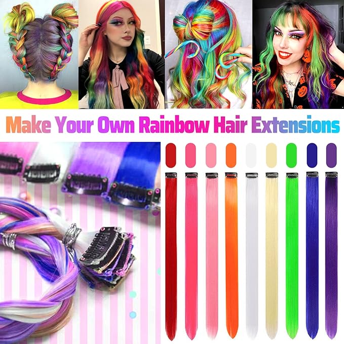 22 PCS Colored Hair Extensions Clip in, Party Highlights Colorful Extension for Kids Girls Synthetic Hairpiece Straight 22 inch