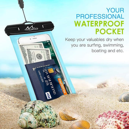 MoKo Waterproof Phone Pouch, CellPhone Case Bag with Lanyard Armband Compatible with iPhone 16 15 14 13 12 11 Pro Max X/Xr/Xs Max/SE 3, 8/7/6 Plus, Samsung S23/S24/S10/S9/S8 Plus, A10E,Note 10,SkyBlue