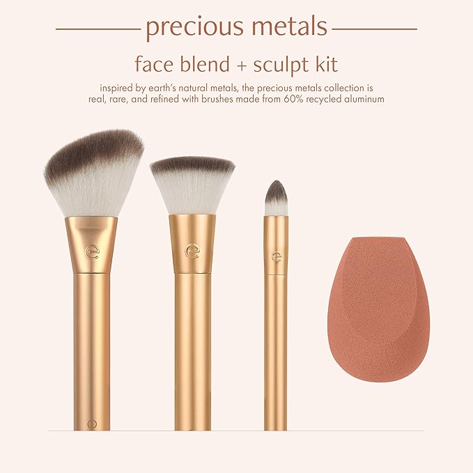 EcoTools Precious Metals Face Blend & Sculpt Set, Makeup Brush Set For Foundation, Concealer, & Powder, Makeup Sponge, Eco-Friendly, Recycled Aluminum, Chrome, Cruelty-Free, 4 Piece Set