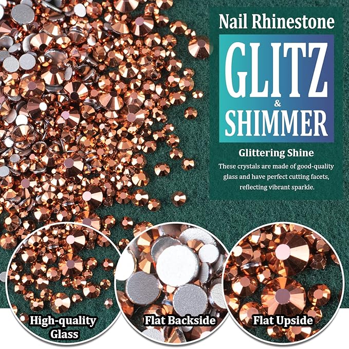 6 Sizes Rose Gold Glass Crystal Kit with Pickup Pen + Tweezer Tools for Shine Nail Art Manicure Makeup DIY Decoration Flatback Round Rhinestone Gem Jewelry Diamond