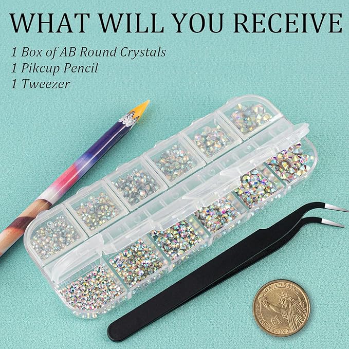 6 Sizes AB Glass Crystal Kit with Pickup Pen + Tweezer Tools for Iridescent Shine Nail Art Manicure Makeup DIY Decoration Flatback Round Rhinestone Gem Jewelry Diamond