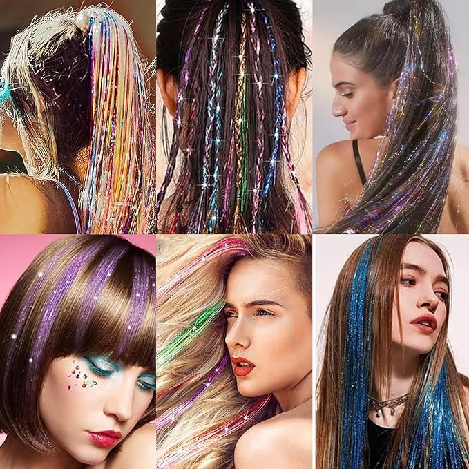 12PCS Tinsel Hair Extensions Glitter Hair Extension Clip in Gold Sparkling Fairy Hair Tinsel Kit Shiny Highlights Colorful Heat Resistant Hair Accessories for Girls New Year Party(Silver)