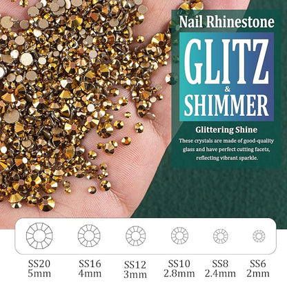 6 Sizes Gold Glass Crystal Kit with Pickup Pen + Tweezer Tools for Shine Nail Art Manicure Makeup DIY Decoration Flatback Round Rhinestone Gem Jewelry Diamond