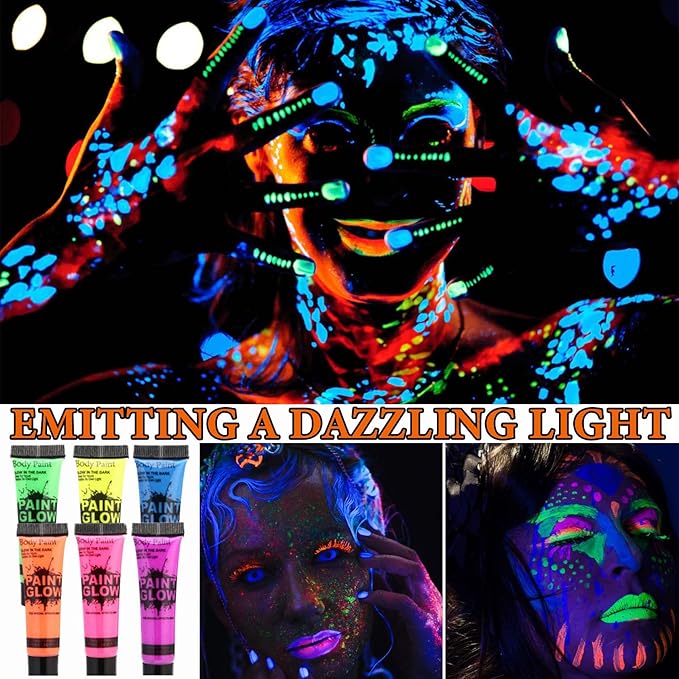 6 Pcs Glow in the Dark Face Body Paint,Blacklight Neon Face & Body Paints,Easily Cleanable Paint Set Neon Makeup Glow in the Dark Party Supplies