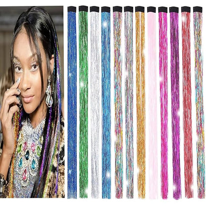 19 Inch Tinsel Hair Extensions 12 Colors Glitter Hair Extension Clip in Gold Sparkling Fairy Hair Tinsel Kit Shiny Highlights Colorful Heat Resistant Hair Accessories for Girls Xmas New Year Party