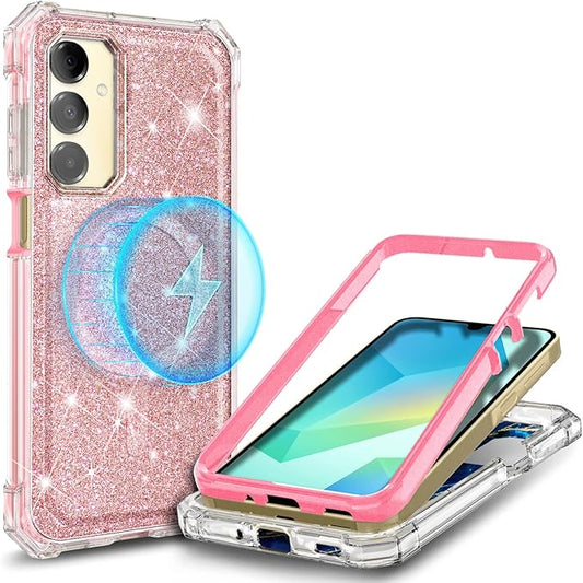 Designed for Samsung Galaxy A16 5G/4G Phone Case, Magnetic Compatible with MagSafe, [Raised Corners Drop Protection] Shockproof Protective Bumper Cover (Glitter Rose Gold)