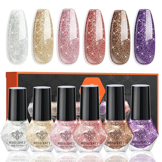 modelones Nail Polish Set 6 Colors Red Nude Gold Glitter Min Nail Polish Set Quick Dry Diamond Silver Sparkle Winter Nail Polish Manicure DIY Nail Art Salon Home Gift for Women Girl
