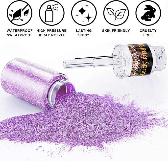 Hair and Body Glitter Spray, 1PC Purple Glitter Hairspray Dry Powder Makeup for Clothes, Festival Rave Prom Loose Sparkle Powder,Holographic Ultra Fine Resin Glitters for Crafts,10g (Purple)