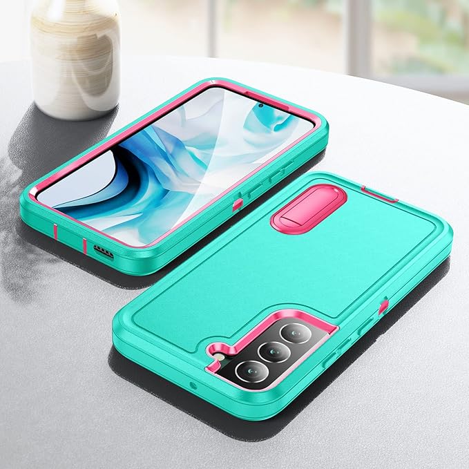 for Samsung Galaxy S22 Plus Case Galaxy S22+ Case with Kickstand Case 3-Layer Military Grade Protective Case Cover Silicone Rugged Shockproof for Galaxy S22 Plus S22+ Phone Case Cyan+Rose Red