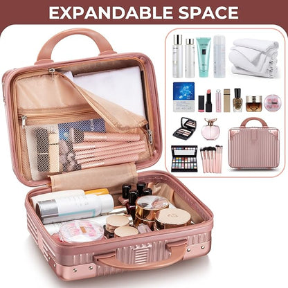 Noverlife 14 Inch Portable Makeup Travel Case Hand Luggage, Pressure-proof ABS Carrying Makeup Case Suitcase with Elastic Band, Small Hard Shell Cosmetic Case for Travel Camping Women Girl - Rose Gold