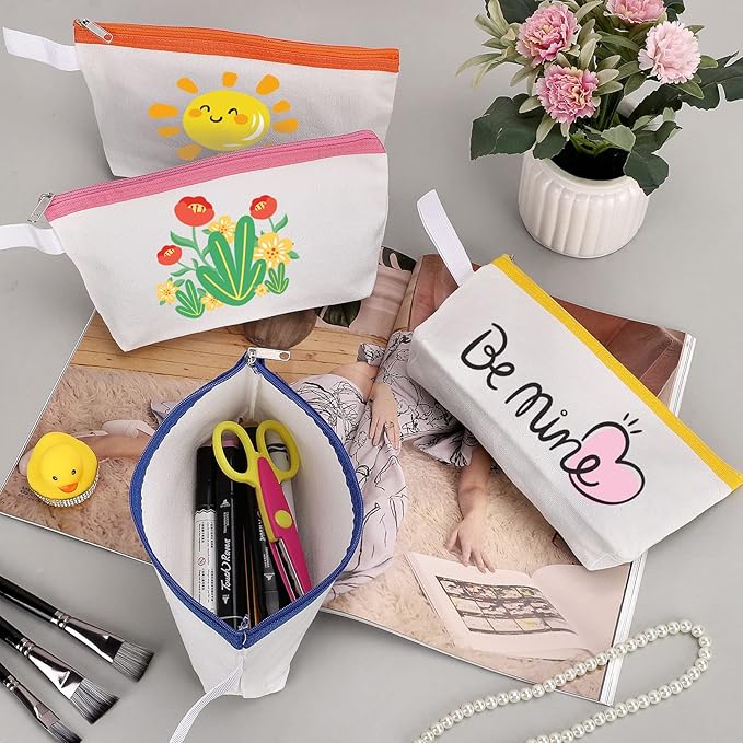 10 Pieces Cotton Canvas Makeup Bag with Bottom and Strap, Multi-Purpose Cosmetic Bag with Zipper Travel Toiletry Pouch, Blank DIY Craft Bag (Multicolor 01, L)