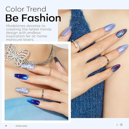 modelones Gel Nail Polish Set 2 PCS 15 ML Blue Cat Eye Gel Nail Polish Glitter Galaxy Dark Blue 9D Nail Gel Polish With Magnet Light Blue White Shimmer Soak Off Led Nail Art Gel DIY Salon For Women