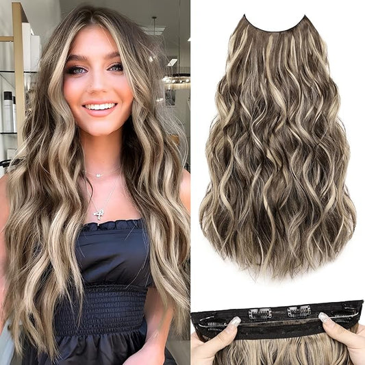 MORICA Invisible Wire Hair Extensions - 20 Inch Chocolate Brown Mix Ash Brown Long Wavy Synthetic Hairpiece with Transparent Wire Adjustable Size, 4 Secure Clips for Women