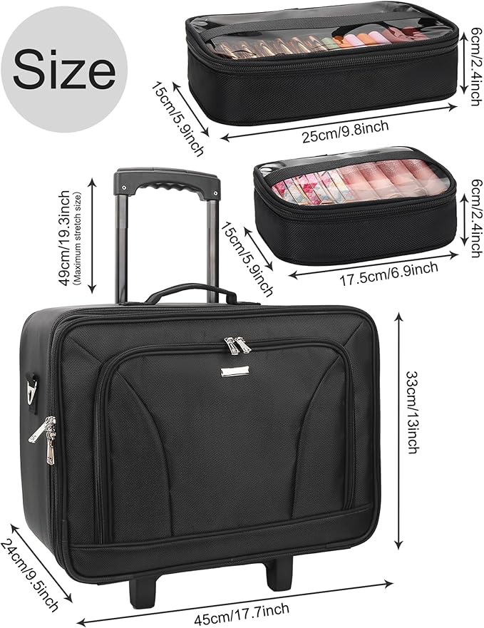 MONSTINA Rolling Makeup Train Case,Trolley Cosmetic Case,3-Layer Cosmetic Organizer,Extra Large Makeup Travel Bag for Hairstylist, Trolley Travel Hairdressing Case with Adjustable Divider(Black)