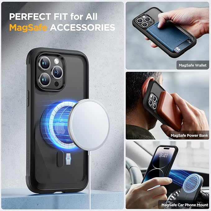 Miracase Magnetic for iPhone 14 Pro Case, [Compatible with MagSafe] [Built-in Tempered Glass Screen Protector] Full-Body Rugged Protective Case with Camera Lens Protector, Black