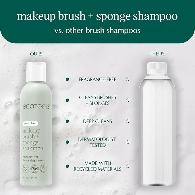 EcoTools Makeup Brush + Sponge Shampoo, Remove Makeup & Impurities From Tools, Sponges, & Puffs, Fragrance-Free Brush Cleanser, No Harsh Chemicals, Vegan, & Cruelty-Free, 8 fl. oz./236 ml. Bottle