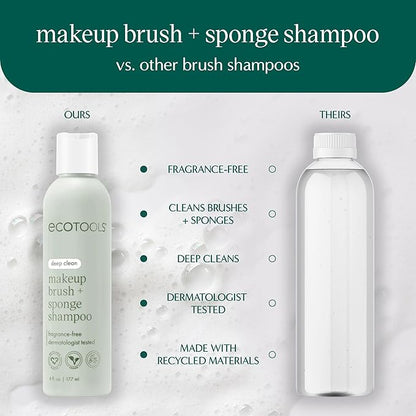 EcoTools Makeup Brush + Sponge Shampoo, Remove Makeup & Impurities From Tools, Sponges, & Puffs, Fragrance-Free Brush Cleanser, No Harsh Chemicals, Vegan, & Cruelty-Free, 8 fl. oz./236 ml. Bottle
