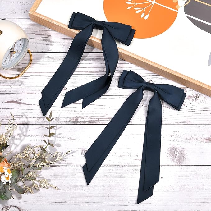 2PCS Silky Satin Hair Bows Hair Clip Blue Hair Ribbon Ponytail Holder Accessories Slides Metal Clips Hair Bow for Women Girls Toddlers Teens Kids