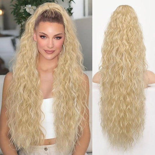 ORSUNCER Ponytail Extension Claw 30" Curly Pony Tail Clip in Claw Hair Extensions Fluffy Natural Looking Synthetic Hairpiece for Women Blonde Highlight