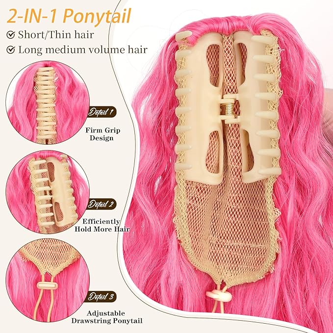 ORSUNCER Ponytail Extension Claw 30" Curly Pony Tail Clip in Claw Hair Extensions Fluffy Natural Looking Synthetic Hairpiece for Women Pink