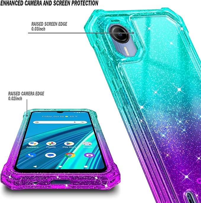 Designed for Cricket Debut S2, AT&T Calypso 4 Case with [Built-in Screen Protector] [6FT Military Grade Drop Tested] Full-Body Protective Shockproof Bumper Case (Glitter Aqua/Purple)