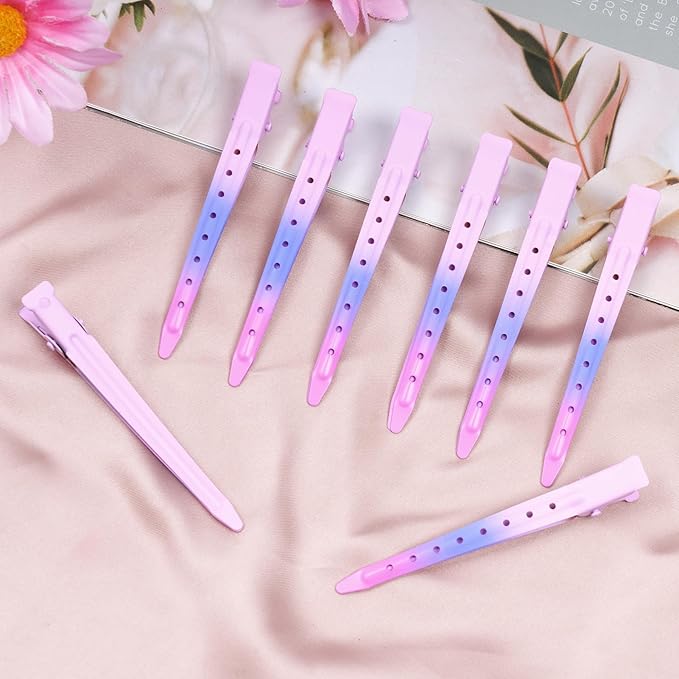 24 Packs Duck Bill Clips, Bantoye 3.35 Inches Rustproof Metal Alligator Curl Clips with Holes for Hair Styling, Hair Coloring, Matte Gradient Pink