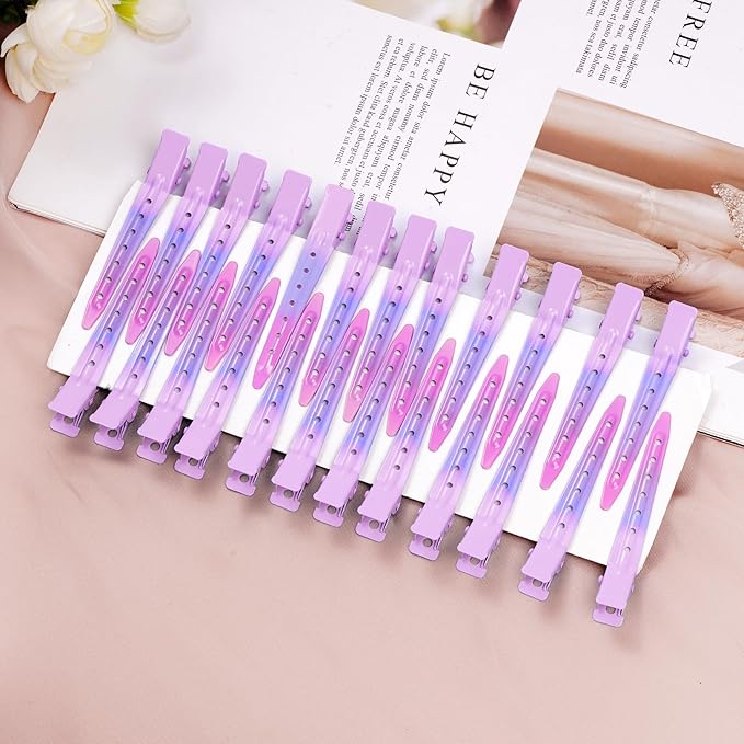 24 Packs Duck Bill Clips, Bantoye 2.75 Inches Rustproof Metal Alligator Curl Clips with Holes for Hair Styling, Hair Coloring, Gradient Pink