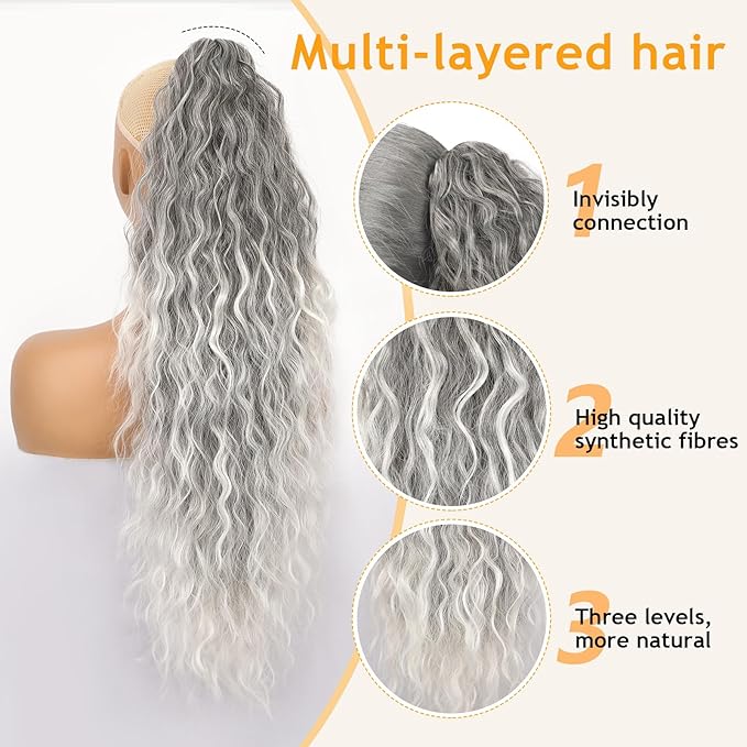 ORSUNCER Ponytail Extension Claw 26" Curly Pony Tail Clip in Claw Hair Extensions Fluffy Natural Looking Synthetic Hairpiece for Women Omber Grey