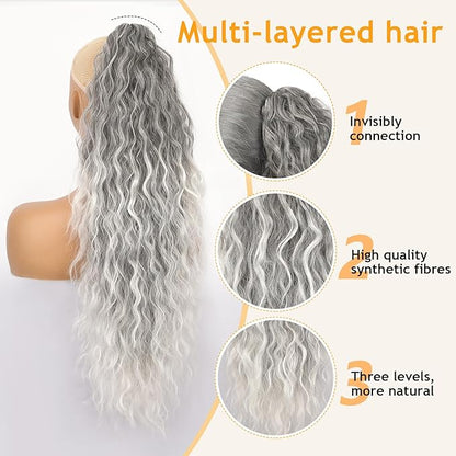 ORSUNCER Ponytail Extension Claw 26" Curly Pony Tail Clip in Claw Hair Extensions Fluffy Natural Looking Synthetic Hairpiece for Women Omber Grey
