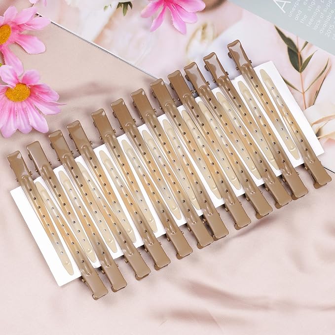 24 Packs Duck Bill Clips, Bantoye 3.35 Inches Rustproof Metal Alligator Curl Clips with Holes for Hair Styling, Hair Coloring, GS Brown