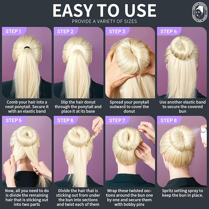 Teenitor Hair Bun Maker Set - 7 Hair Donut for Buns (1 Extra-Large, 2 Large, 2 Medium, 2 Small), 5 Elastic Bands, 20 Hair Pins, Cream White Color