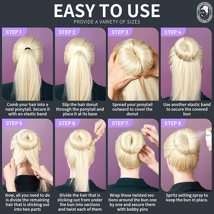 Teenitor Hair Bun Maker Set - 7 Hair Donut for Buns (1 Extra-Large, 2 Large, 2 Medium, 2 Small), 5 Elastic Bands, 20 Hair Pins, Cream White Color