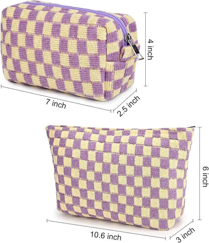 2 Pcs Checkered Makeup Bag Large Cosmetic Bag Toiletry Bag Makeup Pouch Travel Bag Organizer Cute Makeup Brushes Aesthetic Accessories Storage Bag for Women Purple