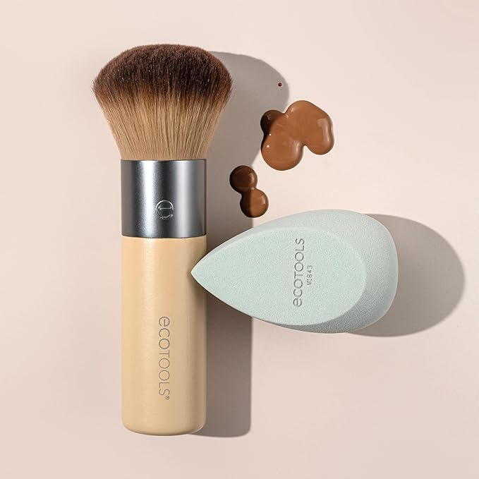 EcoTools Blend + Blur Makeup Brush and Sponge Duo, Makeup Blender Sponge & Foundation Brush, For Liquid & Cream Makeup, Cloud Skin, Eco Friendly, Latex-Free, Cruelty Free, & Vegan, 2 Piece Set