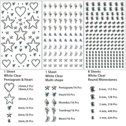 NIACONN 1760 Pcs White Clear Transparent Hair Jewels Face Gems Stick on, Self Adhesive Glitter Rhinestones Stickers for Women Body Eyes Nails Festival Halloween Makeup & Crafts