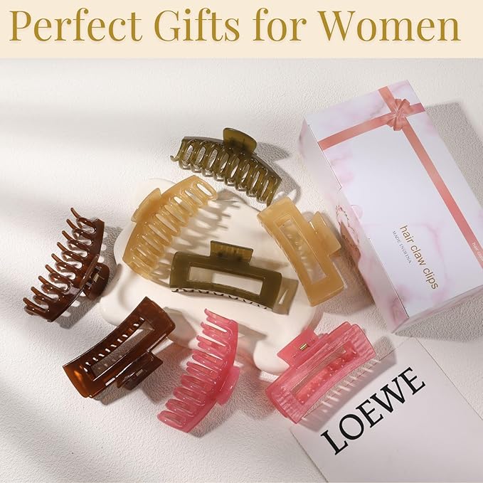LuSeren 8 Pack Jelly Hair Clips for Women, 4.3 Inch Large Hair Claw Clips, Strong Hold, Non-Slip, Perfect Size for Thin, Thick or Curly Hair, Jelly Color, Includes Gift Box