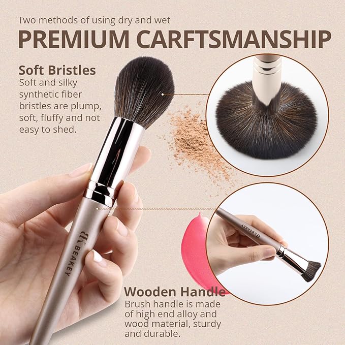 BEAKEY Vegan Makeup Brush Set: Soft Synthetic Brushes for Foundation & Eyeshadow, High-Density, Precise, Easy to Clean, Durable Handles