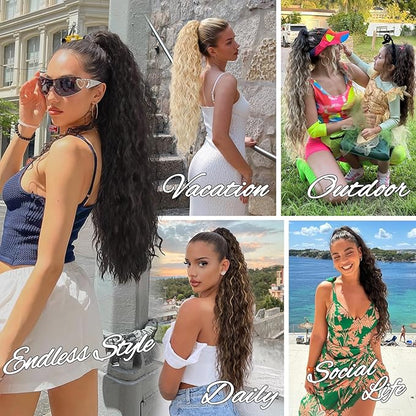 ORSUNCER Ponytail Extension 30" Curly Pony Tail Clip in hair extensions Fluffy Natural Looking Synthetic Hairpieces for Women Light Brown with Blonde