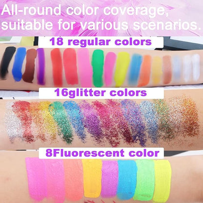 42 Color Face Painting Kit for Kids, Water Activated Face Paint Kit, Safe for Sensitive Skin Easy to Use, With Stencils & Brushes, Facepaint Makeup Kit for Parties, Birthdays, Halloween