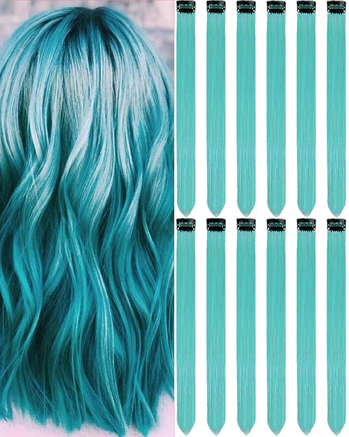 12 PCS Teal Blue Hair Extensions Clip in, 20 Inch Colored Party Synthetic Neon Highlights Extensions, Rainbow Hair Accessories for Girls Women Kids Hair Pieces (Teal Blue)