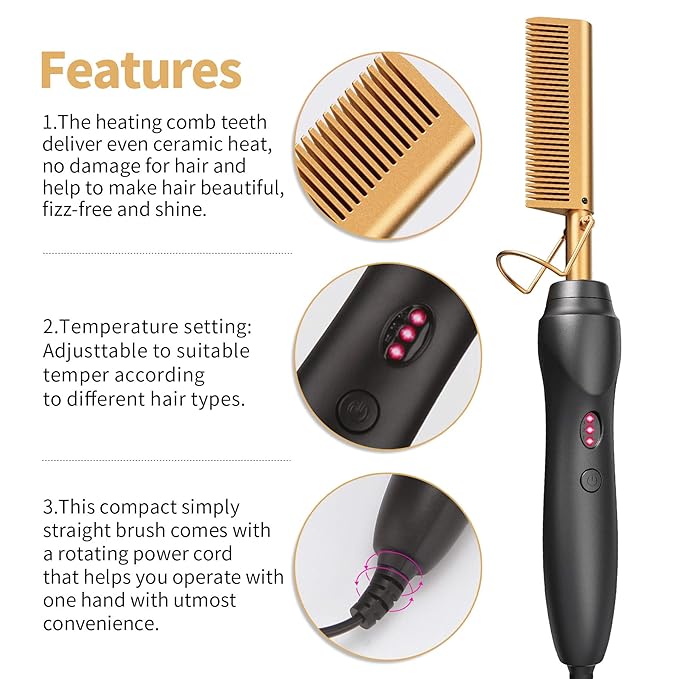 Hot Comb Hair Straightener Heat Pressing Combs - Ceramic Electric Straightening Comb for Natural Black Beard Wigs Holiday Gift