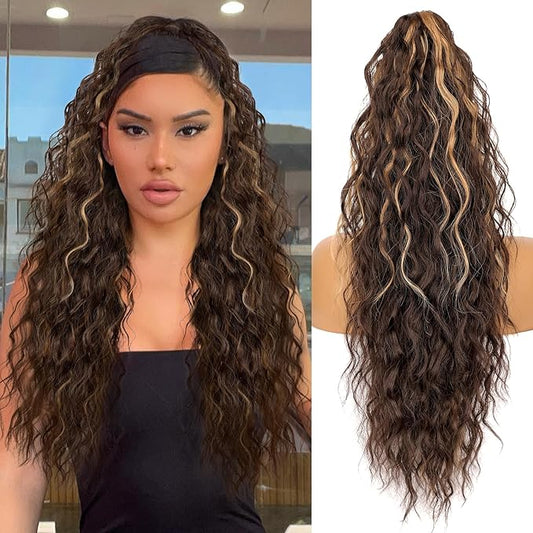 ORSUNCER Ponytail Extension Claw 26" Curly Pony Tail Clip in Claw Hair Extensions Fluffy Natural Looking Synthetic Hairpiece for Women Chocolate Brown Highlight